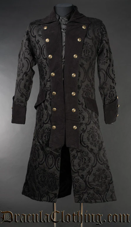Black Brocade Long Pirate Coat- Dracula Clothing